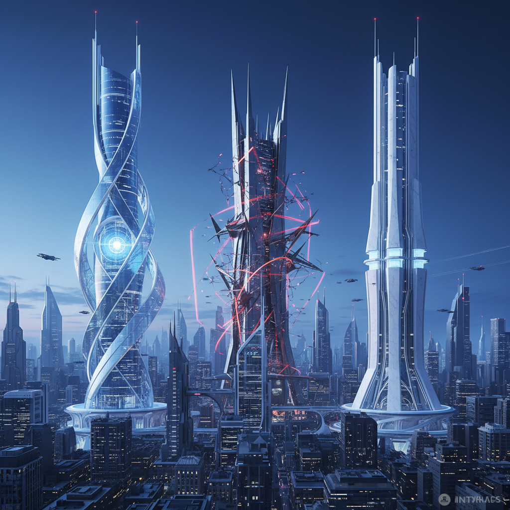 a futuristic cityscape with various distinct towers, each representing a different AI app (ChatGPT, Grok, Anthropic), all striving upwards, illustrating market competition and diverse strategies, clean modern architecture style, deep blue background, no text