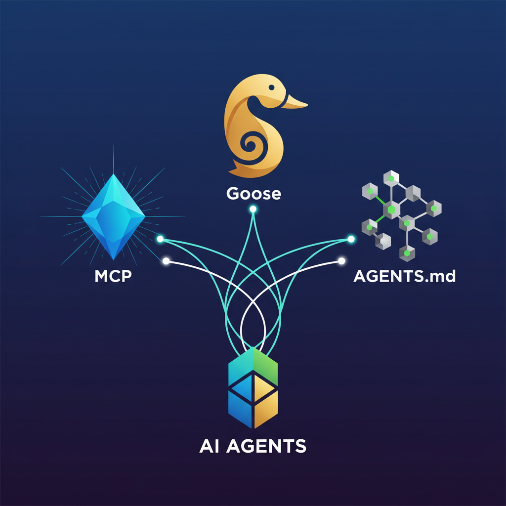 A clean infographic illustrating three distinct abstract symbols representing MCP, Goose, and AGENTS.md, interconnected to show their role as foundational building blocks for AI agents, modern layout, high contrast, colored background, no text.