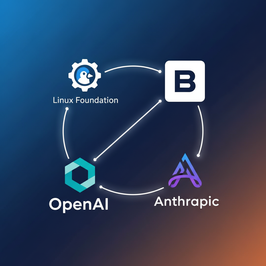 A modern, high-contrast infographic displaying the logos of Linux Foundation, OpenAI, Anthropic, and Block, arranged in a collaborative circle or connected pattern, symbolizing their joint effort for AI agent standardization, clean layout, colored background, no text.