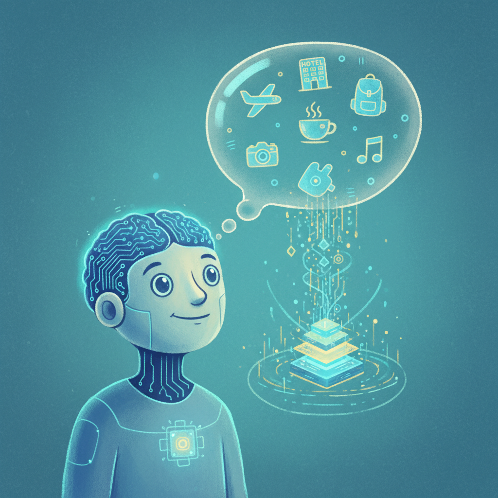 A friendly AI agent character looking at a thought bubble filled with various user preference icons (e.g., plane, hotel, coffee cup) with data flowing into a "memory bank" visual. Illustration, artistic rendering, textured blue-green background. No visible text.