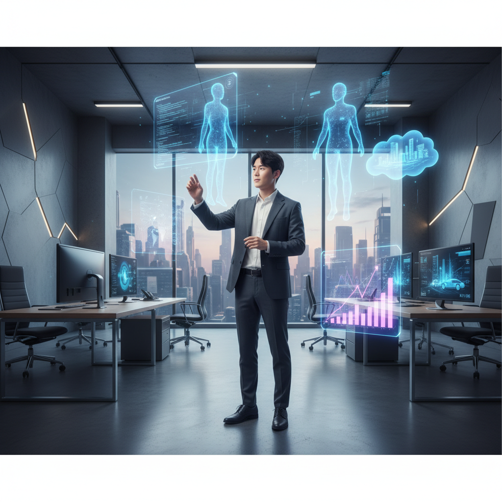 A clean infographic showing an advanced office environment where a Korean person interacts seamlessly with multiple AI agents represented as glowing interfaces or holographic assistants, performing complex tasks autonomously. Modern layout, high contrast, bright balanced lighting, textured background, no visible text.