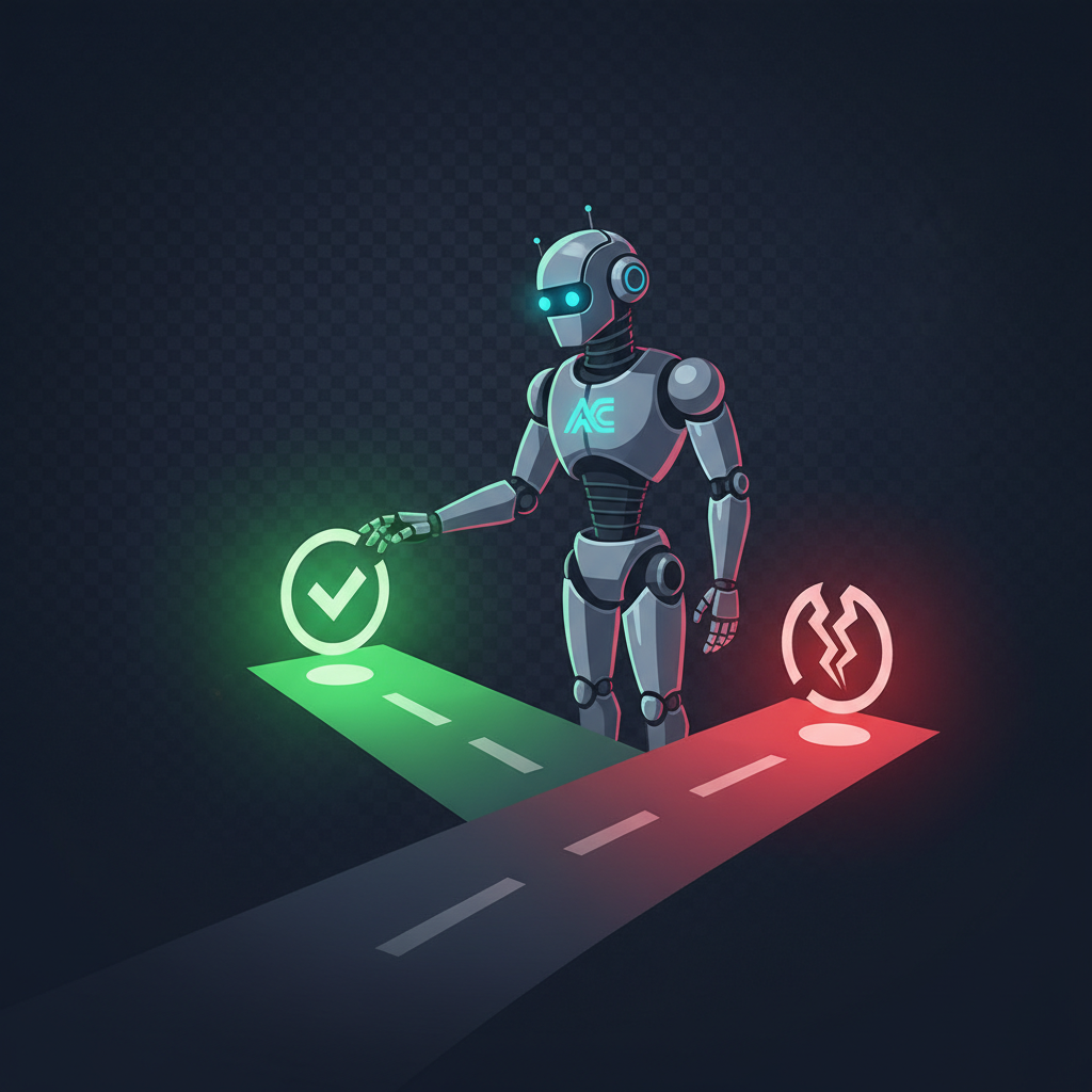 An AI agent icon, depicted as a sophisticated robot, making a decision at a crossroads with two paths. One path is labeled 'Approved' with a green light, and the other 'Policy Violation' with a red light, representing the AgentCore Policy feature. Clean infographic style, modern layout, high contrast, textured dark background. No visible text.
