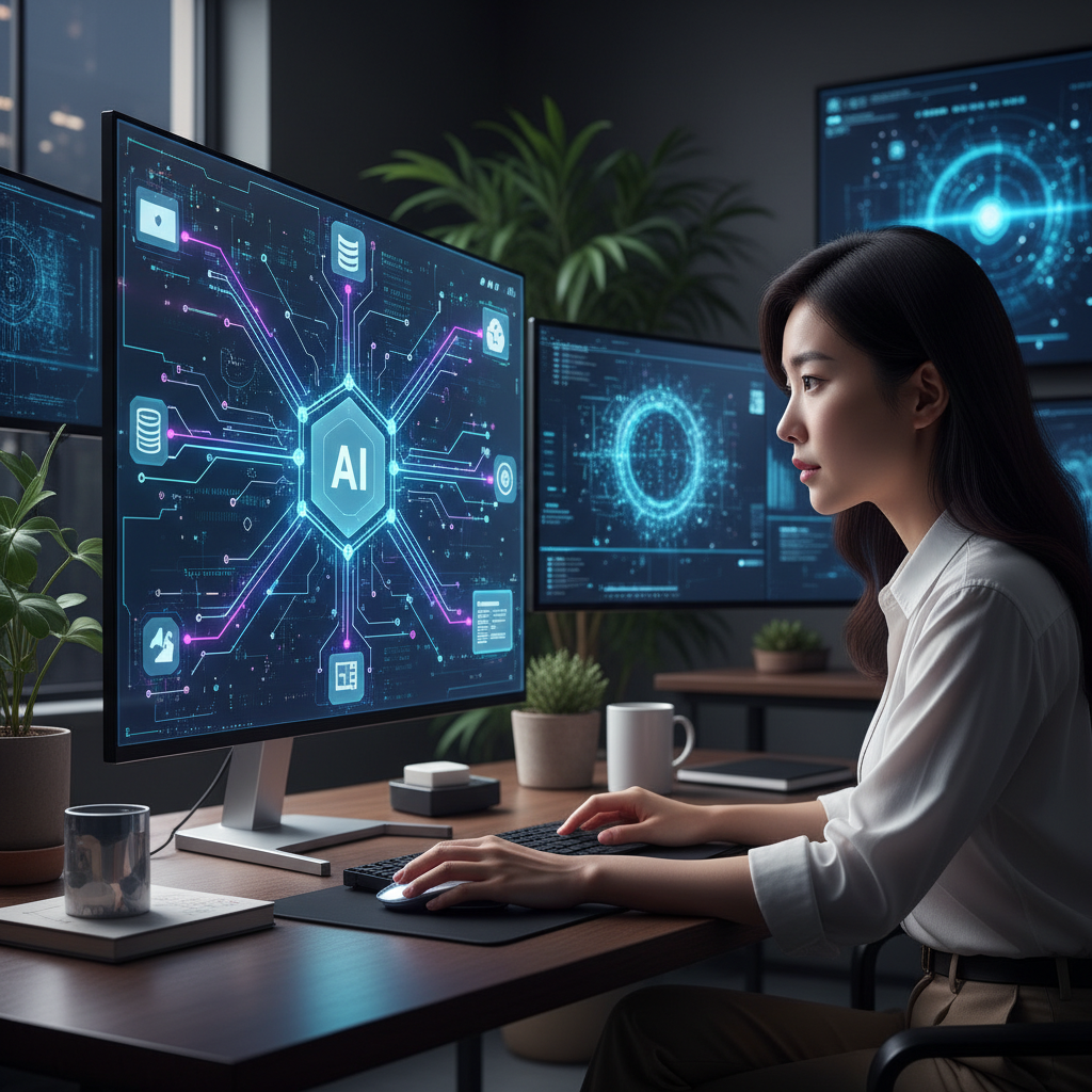 A vivid depiction of an AI agent interface seamlessly integrated with a computer's operating system. The interface shows interconnected digital pathways representing data flow and application interaction. A user with Korean appearance is looking at the screen with a thoughtful expression. The background is a sophisticated tech workspace. No visible text. Style: clean infographic, modern layout, high contrast.