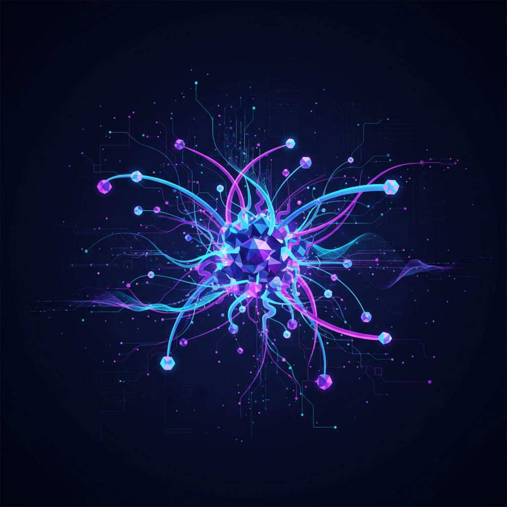 A futuristic illustration of interconnected AI agents exchanging data, visualized as glowing lines and nodes, representing the Model Context Protocol (MCP). The style is artistic rendering with a dark gradient background, no text, bright blue and purple lighting, 4:3 aspect ratio, centered focus.