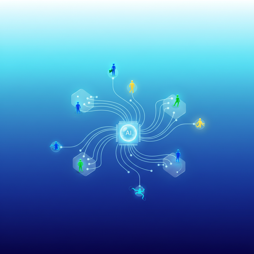 A modern infographic illustrating AI agents, represented as small, dynamic figures, interacting with various data streams and simulations on a gradient background. Clean layout, high contrast. No text, centered focus, full frame.