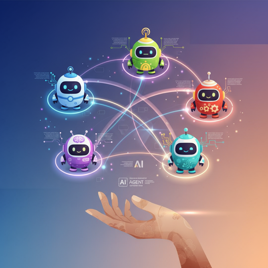 A clean infographic showing various AI agents (represented by abstract, friendly robot icons) seamlessly connecting and exchanging data, with lines flowing between them to represent communication, modern layout, high contrast, colored background, no text, Korean appearance for any implied human interaction.