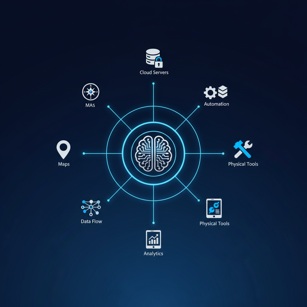 A sleek, modern infographic showing a seamless connection between a stylized AI agent icon and various real-world tool icons (like maps, databases, cloud servers), all linked by glowing lines on a deep blue gradient background. Clean layout, high contrast, no text.