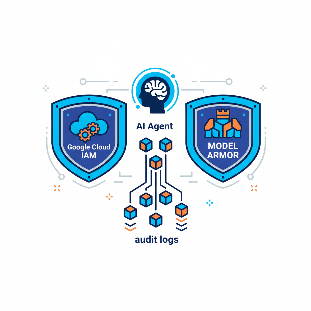 An infographic depicting Google Cloud IAM and Model Armor as shields protecting an AI agent icon, with audit logs flowing below. Secure and enterprise-grade visual, high contrast, no text.