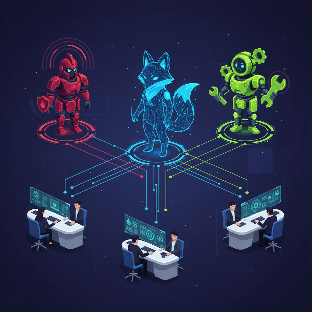 A vibrant clean infographic illustrating three AI agents (representing Kiro, Security, and DevOps) working collaboratively on a complex software project. Digital lines connect them to human developers who are focused and engaged. Modern layout, high contrast, textured background, centered focus. No visible text. Korean appearance.