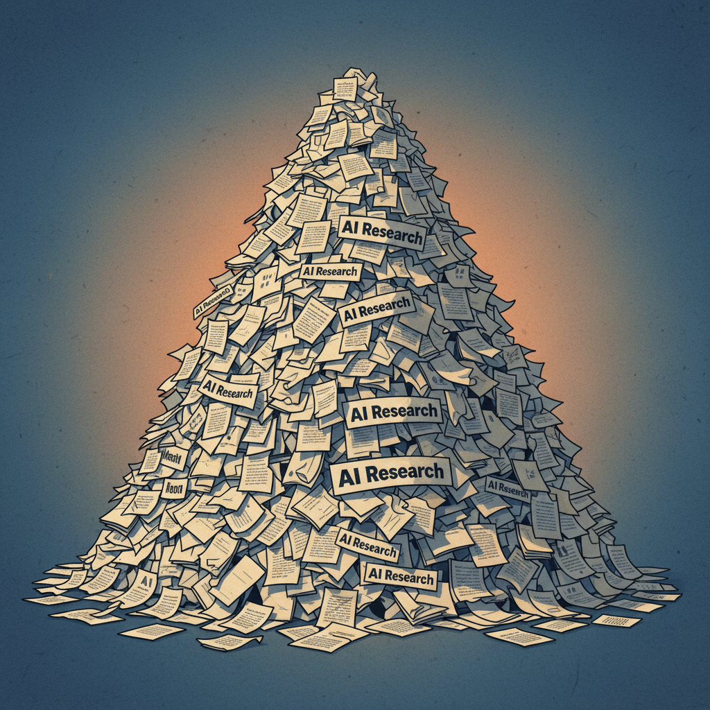 A visually striking infographic showing a massive pile of academic papers with "AI Research" labels, some appearing to be of low quality, on a textured gradient background. Emphasize the overwhelming volume and subtle quality issues. No visible text on papers or image.