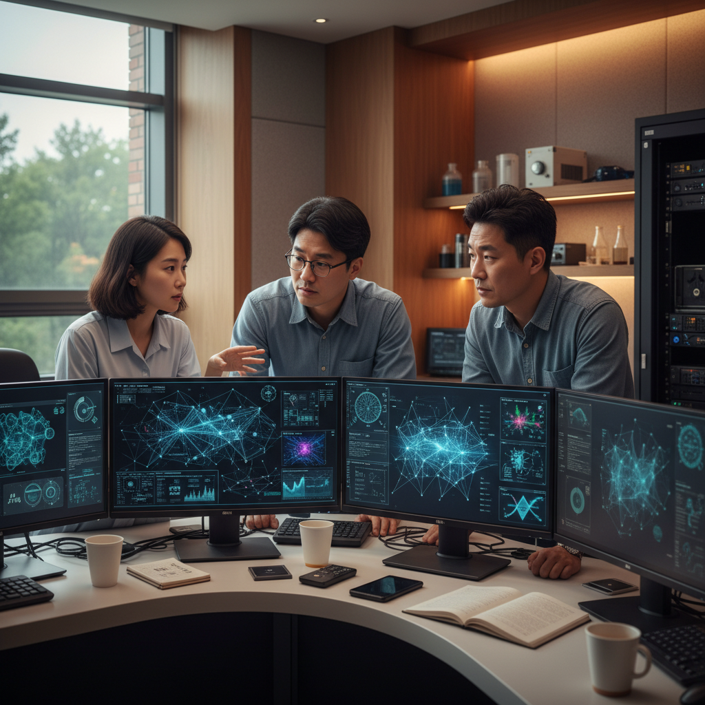 Lifestyle photography of three diverse AI researchers (Korean appearance) collaborating in a modern lab setting, looking at screens displaying complex AI models and creative designs. Focus on teamwork, innovation, and serious research. Warm lighting, natural setting, textured background. No visible text in image.