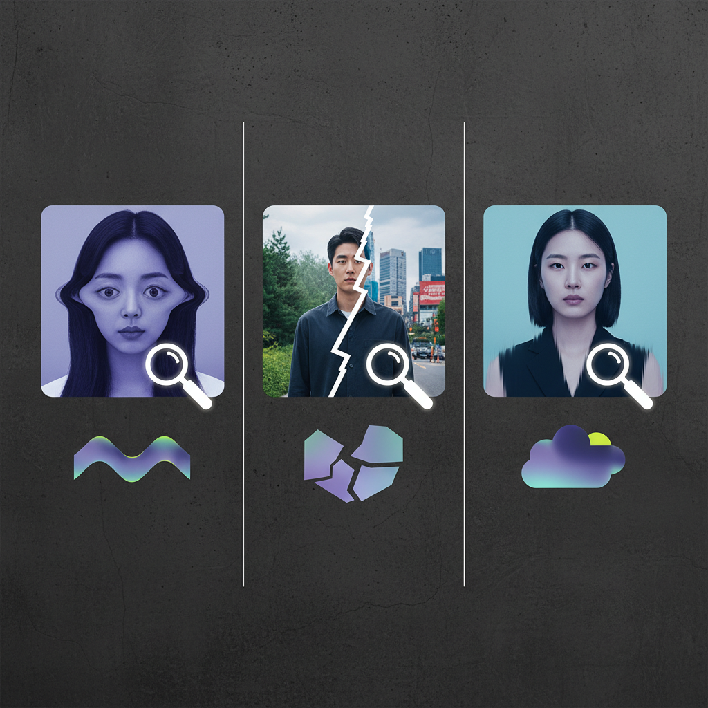 clean infographic, modern layout, high contrast, illustrating subtle visual glitches in AI-generated videos like wobbly eyes, inconsistent backgrounds, and blurred textures, with a magnifying glass icon, on a textured background. No visible text. Korean appearance for people if any.