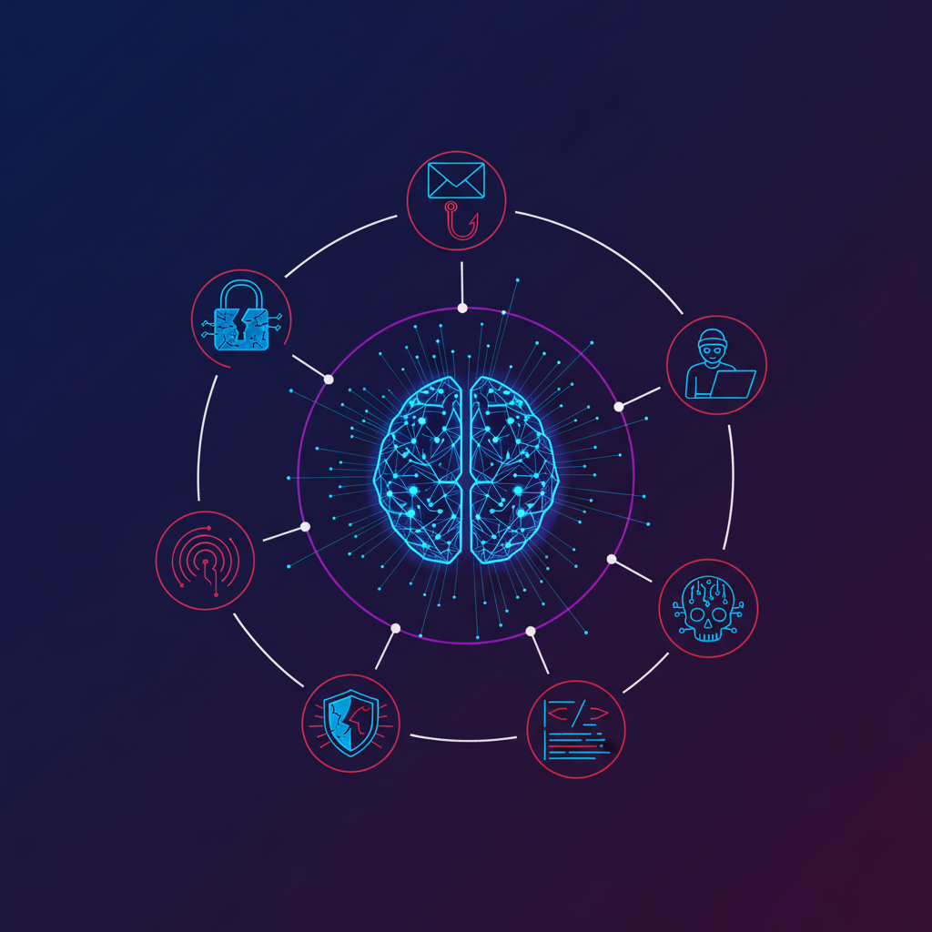 Clean infographic showing cyber security threats with a stylized AI brain as the central element, surrounded by various digital threats like locks, firewalls, and malicious code symbols. High contrast, modern design. Background: dark purple gradient. No visible text in image.