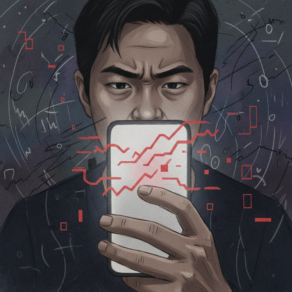 illustration, artistic rendering, textured background. A frustrated Korean person is looking at a blurred smartphone screen, with abstract red error symbols overlaying it. The background has a dark, slightly chaotic feel, reflecting user distress. No text, focus on emotion and abstract problem representation.
