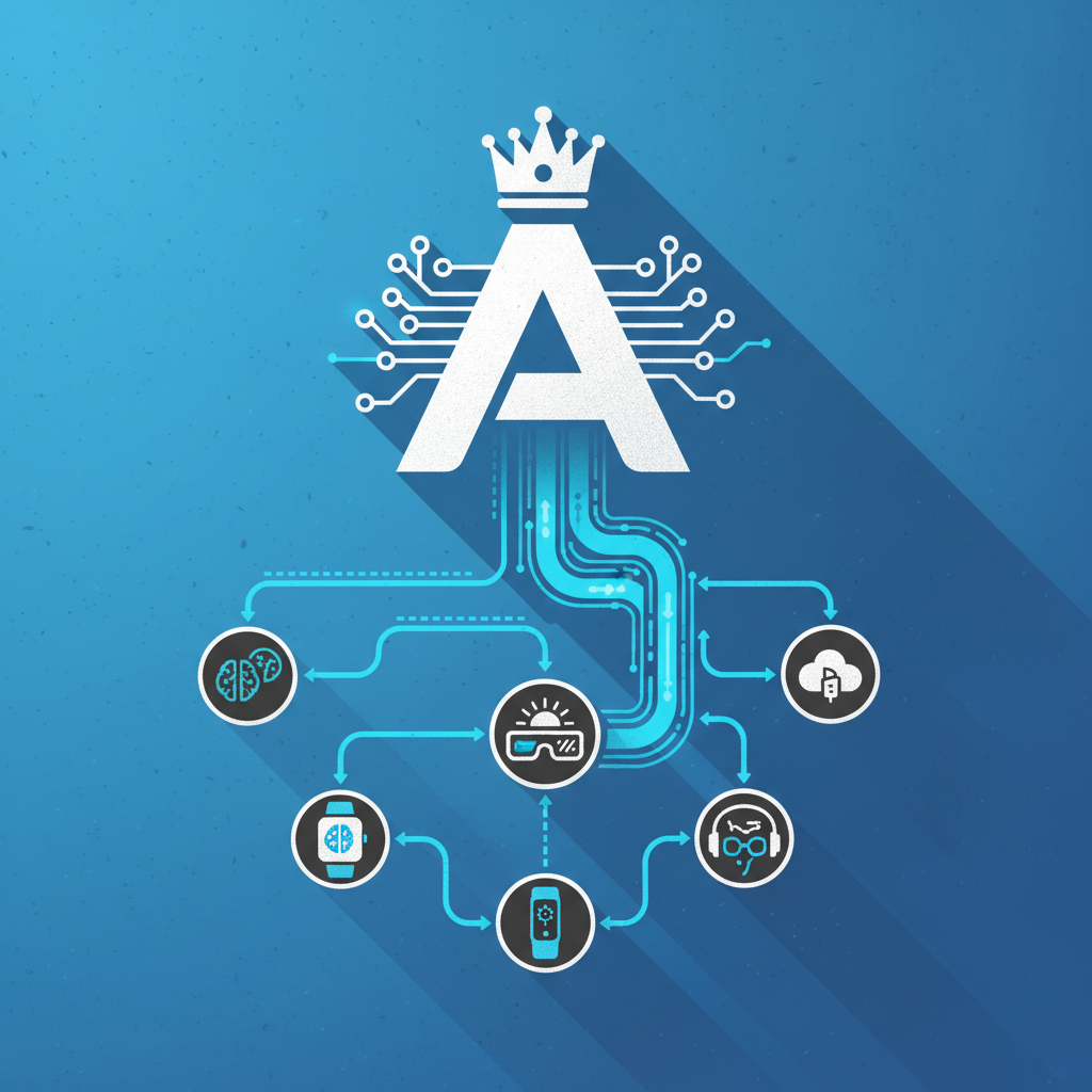 clean infographic, modern layout, high contrast, depicting a competitive landscape of AI wearable market, with a large powerful corporation symbol overshadowing smaller startup icons, all connected by digital data lines on a textured blue background, no text.