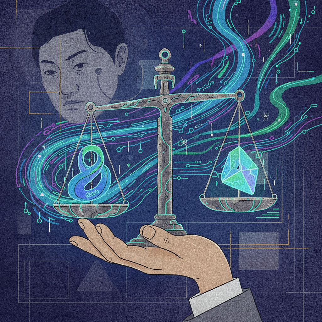 illustration, artistic rendering, textured background, depicting a person's hand holding a scale with "Ethics" and "Innovation" unbalanced, surrounded by digital data streams, in a thoughtful and complex mood. No visible text. Korean appearance for people if any.