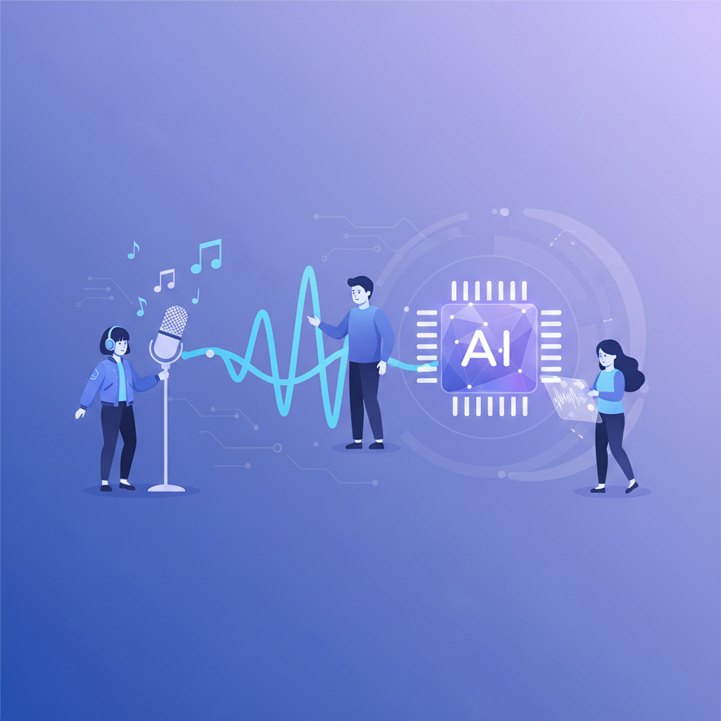 Clean infographic showing a stylized sound wave transforming into a digital AI icon, with musical notes and a microphone. The background has a subtle gradient of blue and purple. No visible text. Korean appearance for people if any are included.