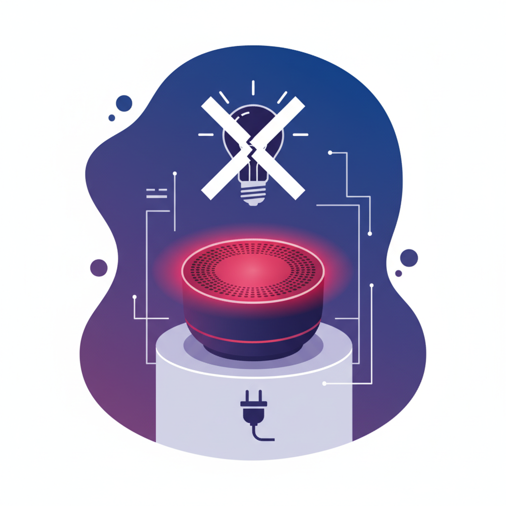 A smart speaker glowing red, failing to turn on a light, clean infographic style, modern layout, high contrast, colored background, no text