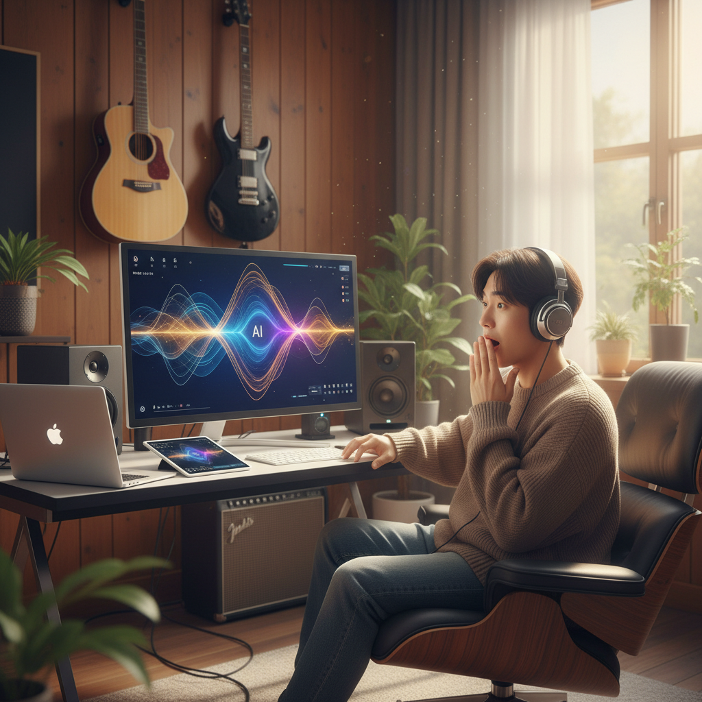 Korean musician sitting in a modern studio, looking surprised and impressed as they listen to music playing from their computer. The screen shows a sleek AI music generation interface. Acoustic and electric guitars are leaning against the wall in the background. Style: lifestyle photography, bright and natural lighting, warm atmosphere, no visible text.