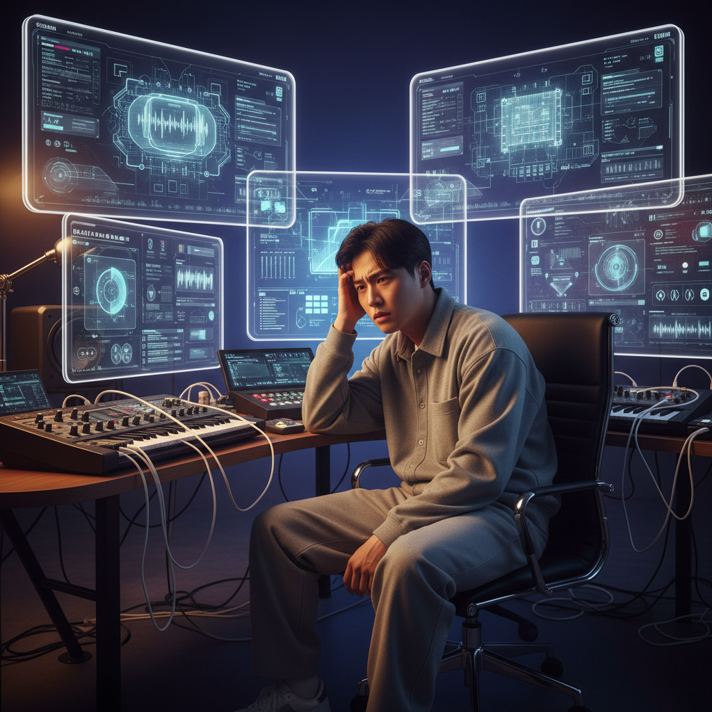 A Korean artist looking confused and concerned in a music studio, surrounded by advanced AI music software interfaces on screens, warm lighting, deep blue and purple background, no text