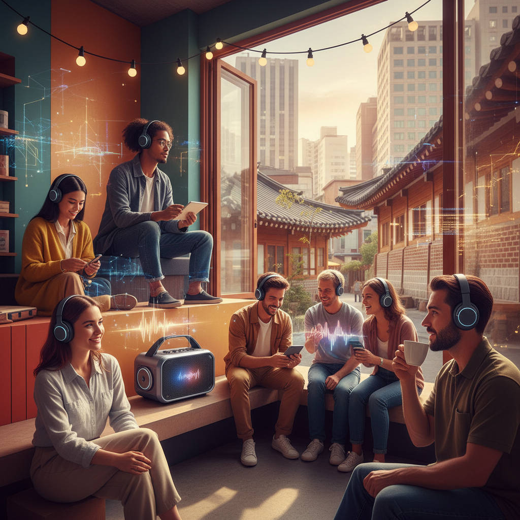 Lifestyle photography of diverse people listening to music through headphones and speakers, some looking thoughtful, with subtle digital elements representing AI, warm lighting, colored background, Korean setting, no text, 4:3 aspect ratio