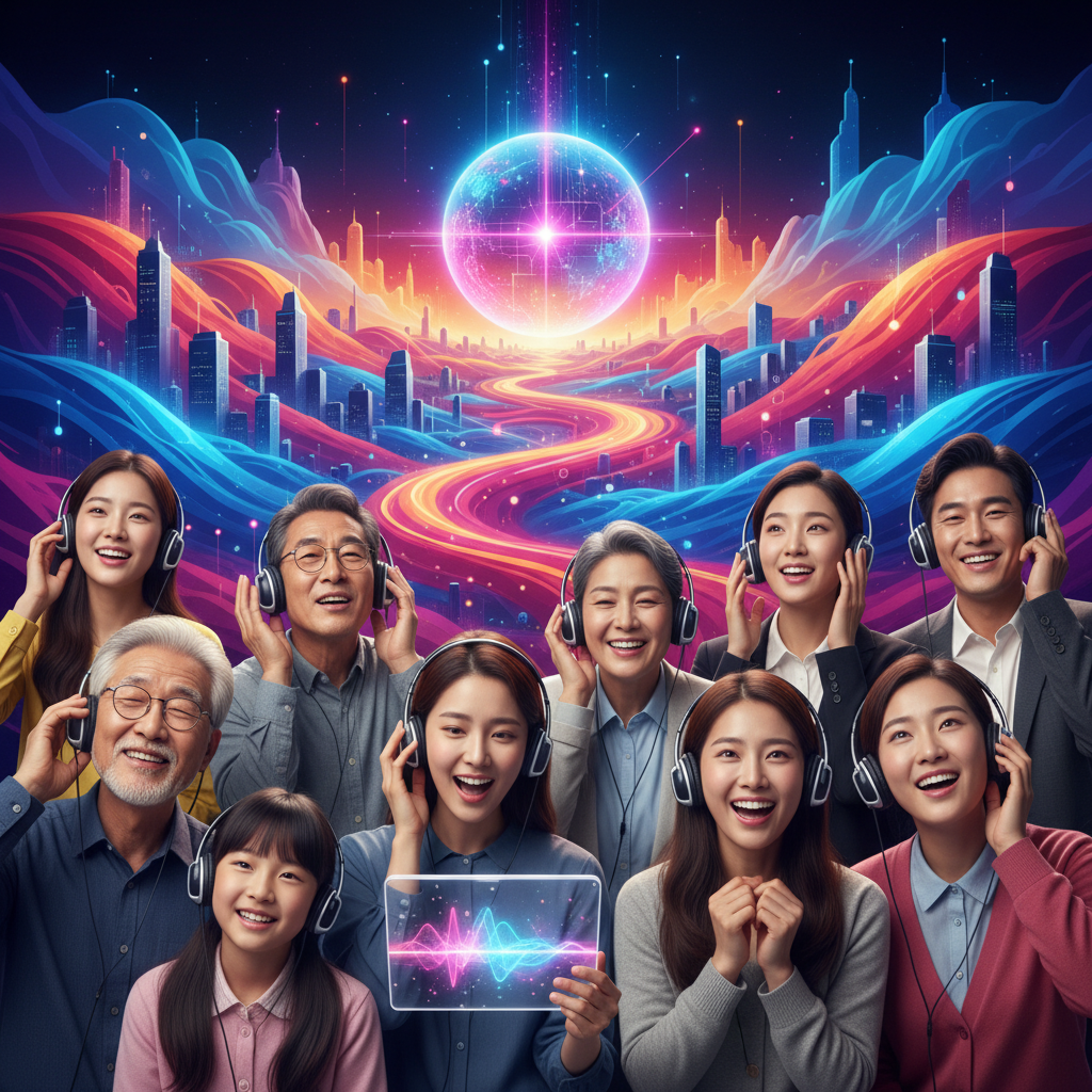 A diverse group of Korean people, young and old, listening to music with expressions of wonder and contemplation, suggesting the future of AI music. The background is a vibrant, gradient-colored landscape symbolizing innovation. No text.
