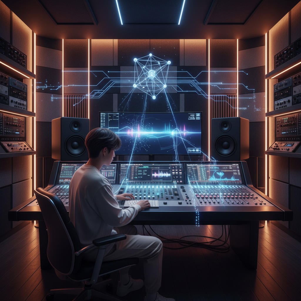 Inside a modern music studio, a Korean person is at a mixing desk, with subtle futuristic elements indicating AI involvement. Warm, balanced lighting illuminates the scene, which has a textured background. No visible text. Focused on a centered composition.
