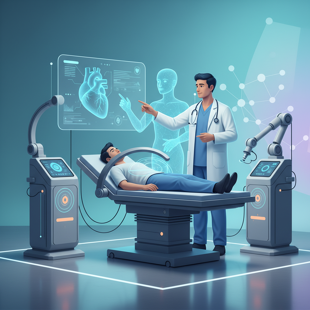 A modern, clean infographic showing an AI assisting a human doctor with a patient, advanced medical devices, bright and balanced lighting, colored background, no text