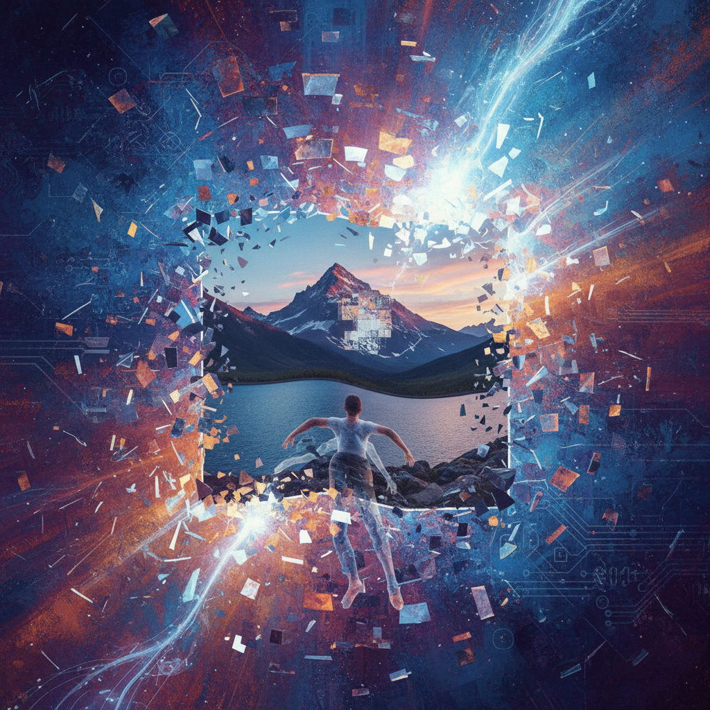 A metaphorical image of digital fragments coming together to form a convincing but altered photograph, representing the erosion of trust in visual media, artistic rendering, textured background, no visible text in image, 4:3 aspect ratio, bright lighting, colored background.