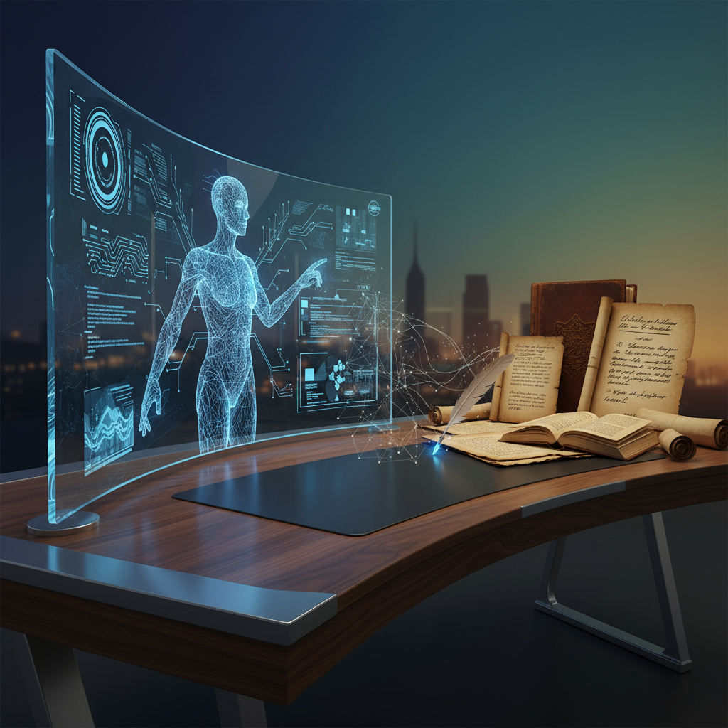 A futuristic workspace combining a sleek AI interface with traditional handwritten manuscripts, symbolizing the coexistence of technology and human creativity, detailed composition, colored background, no text, 4:3
