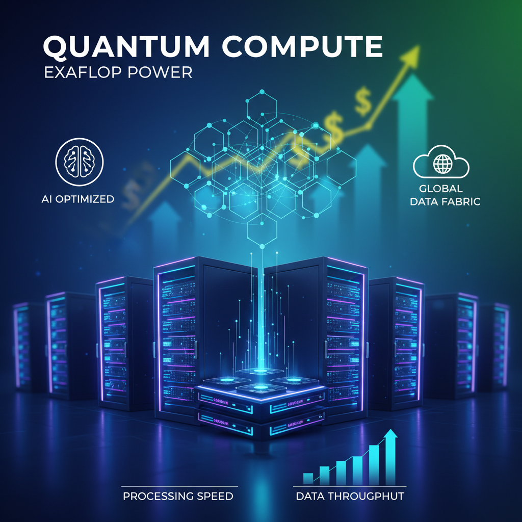 Clean infographic depicting immense computational power servers and data centers with a blurred financial growth chart in the background modern layout high contrast