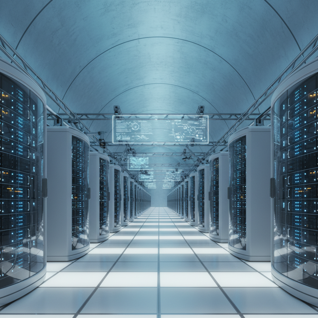 A futuristic, sprawling data center bathed in bright, balanced lighting, with server racks extending into the distance under a textured, cool-toned gradient sky. No text.