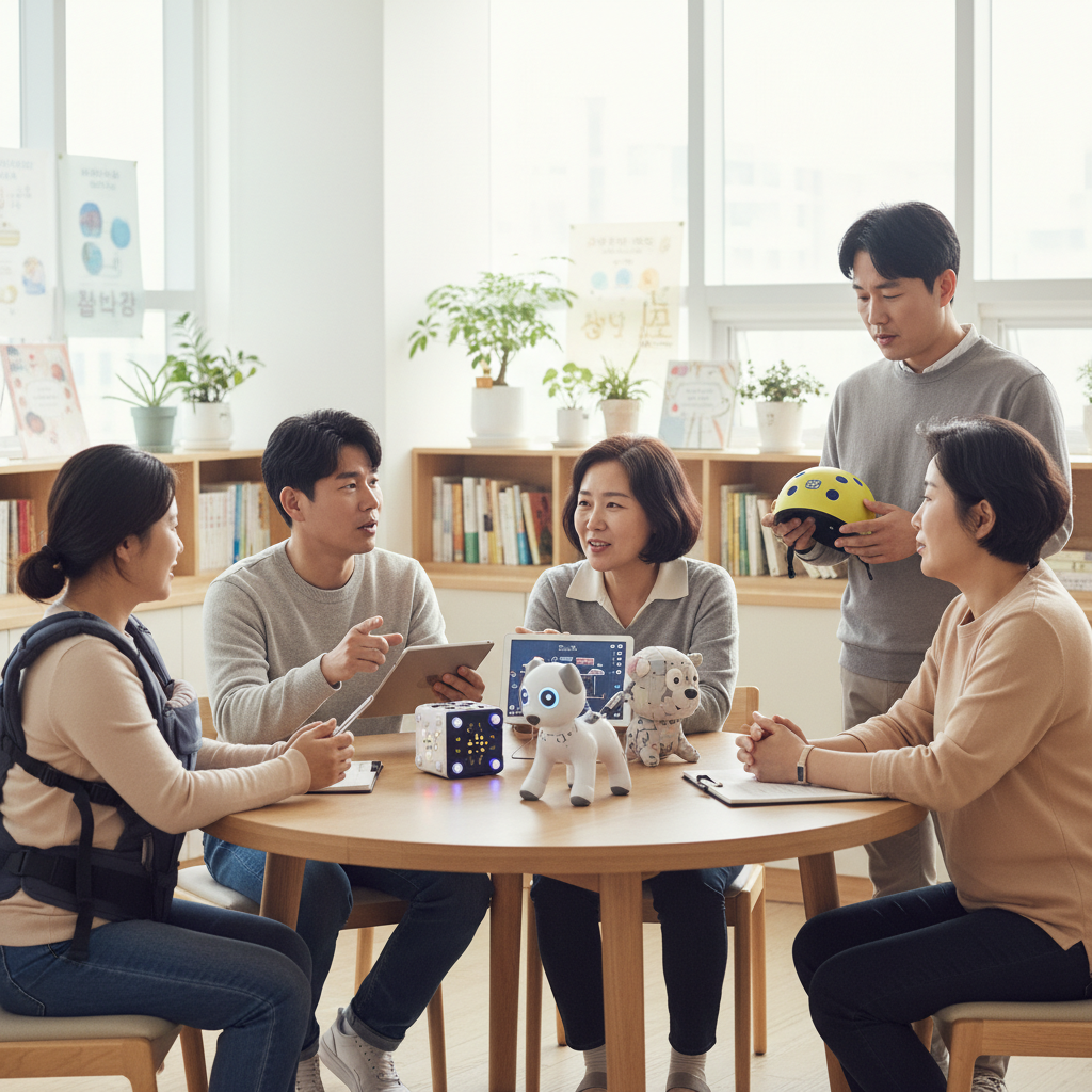 Lifestyle photography of a diverse group of Korean parents discussing AI toy safety in a well-lit community center, natural expressions, warm lighting, natural setting, no text, 4:3 aspect ratio