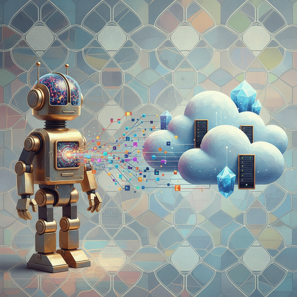Abstract illustration of data flowing from a stylized AI toy into cloud servers, representing data collection, modern layout, vibrant colors, textured background, no text, 4:3 aspect ratio