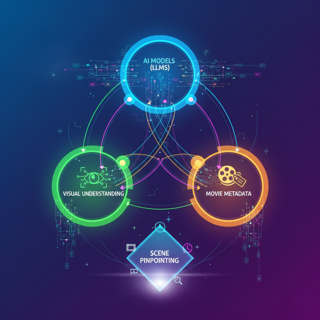 A modern infographic illustrating the interconnectedness of AI models (like LLMs), visual understanding, and movie metadata working together to pinpoint a specific scene. Use abstract data flow and glowing nodes. Style: clean infographic, modern layout, high contrast. No visible text, no Korean characters. Gradient background, minimal empty space.