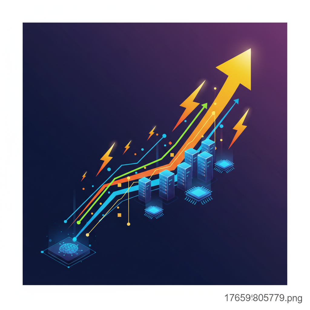 Clean infographic showing increasing electricity consumption for AI, modern layout, high contrast, visually rich, colored background, no text, 1:1 aspect ratio