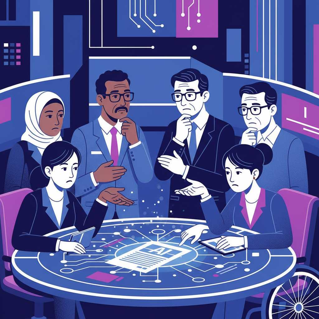 A diverse group of politicians in a legislative setting, discussing a complex AI policy document. Focus on thoughtful expressions and collaborative gestures. Style: clean infographic, modern layout, high contrast. No visible text.