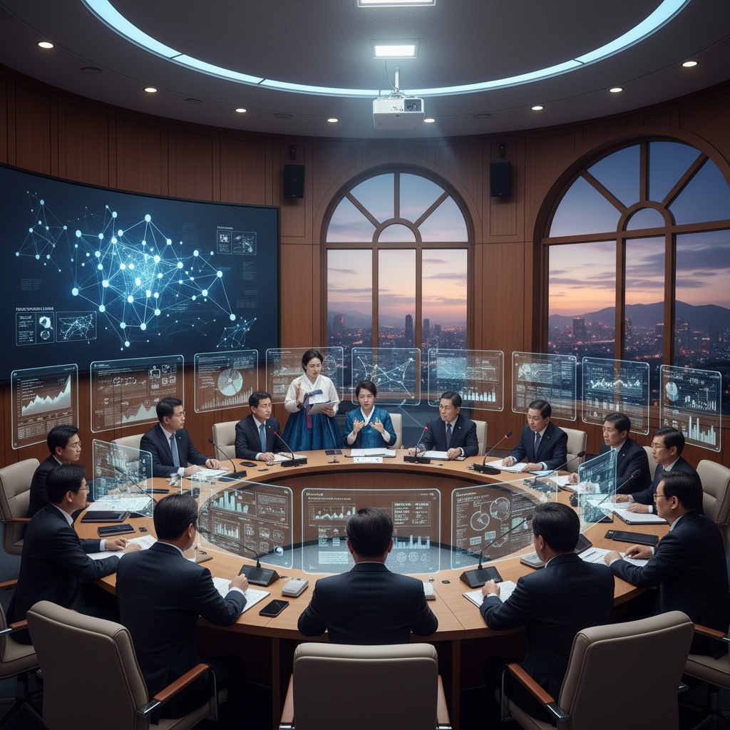 Korean politicians in a parliament setting, engaged in a serious discussion about future AI policies, detailed composition, colored background, no text