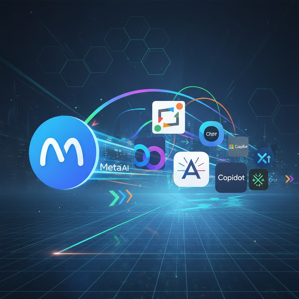 Clean infographic depicting various AI chatbot logos in a race, with Meta AI taking a prominent position due to its new real-time news integration. Show dynamic lines and connections, modern layout, and vibrant colors on a textured background. No text.