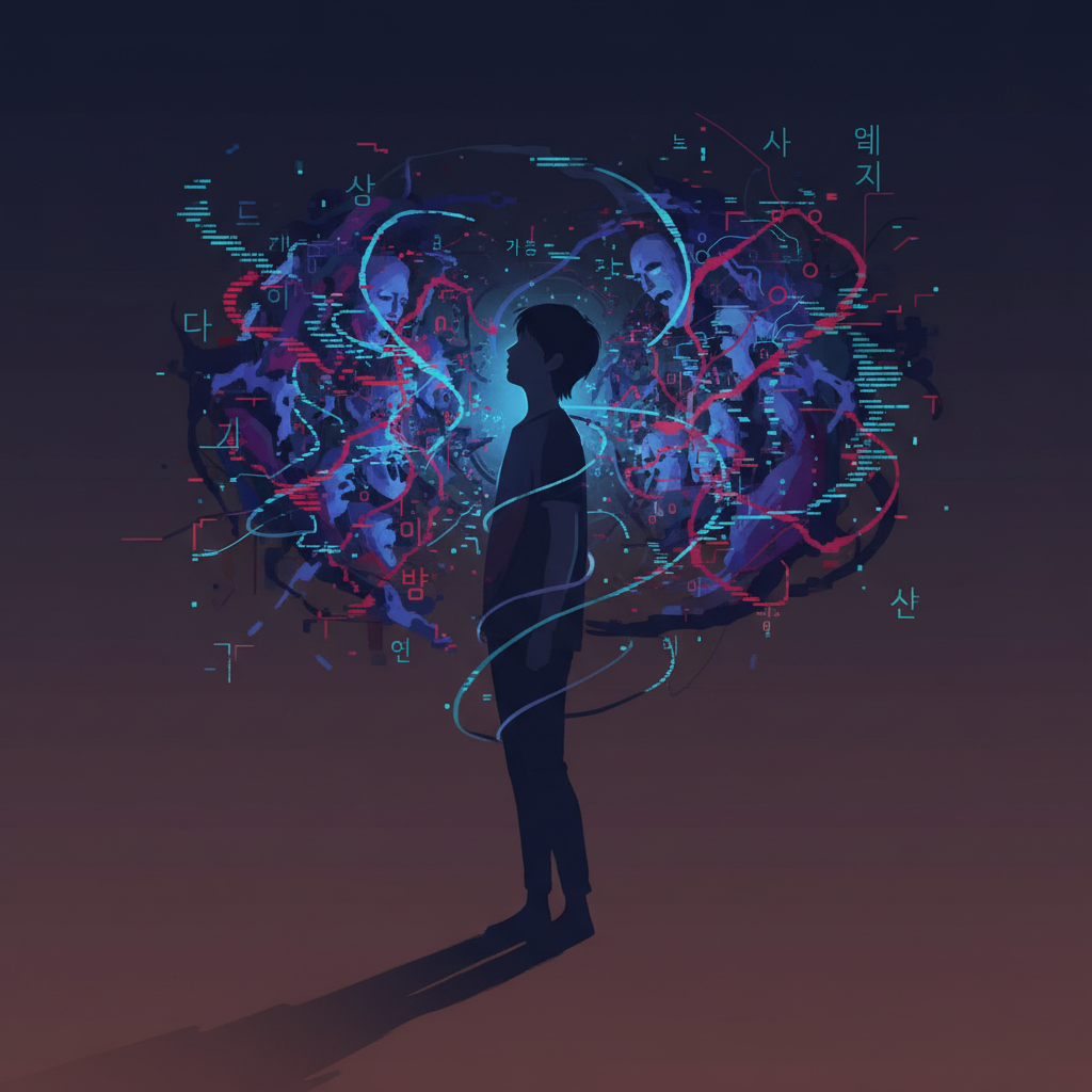 A subtle, artistic rendering representing the potential risks of AI chatbot use for a Korean teen, abstract unsettling AI elements, dark but balanced lighting, gradient background, no text
