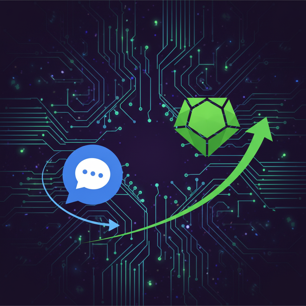 A clean infographic showing two distinct AI chatbot icons, one slightly declining (representing ChatGPT) and another rapidly rising (representing Gemini). The background is a futuristic, interconnected data network with subtle light gradients. No visible text, focus on abstract representation of market competition. Style: clean infographic, modern layout, high contrast. Foreground elements are two abstract AI chatbot logos, one in blue, one in green, with motion lines indicating their performance. Background is a vibrant digital circuit board pattern, full frame.