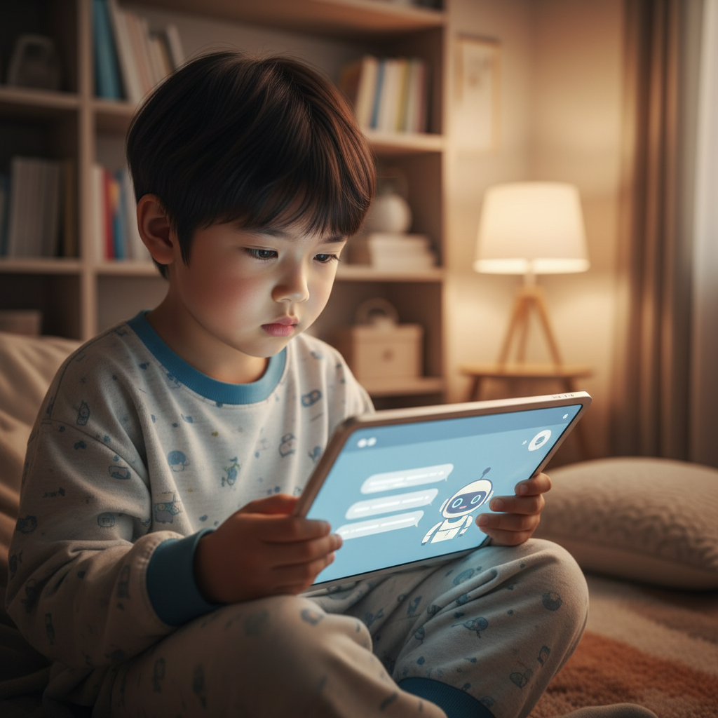 A child of Korean appearance, engrossed in a tablet displaying a chatbot interface, but with a subtle visual cue (e.g., slight blurring around eyes, tired expression) suggesting overuse or distress, warm lighting, cozy room background, no text.