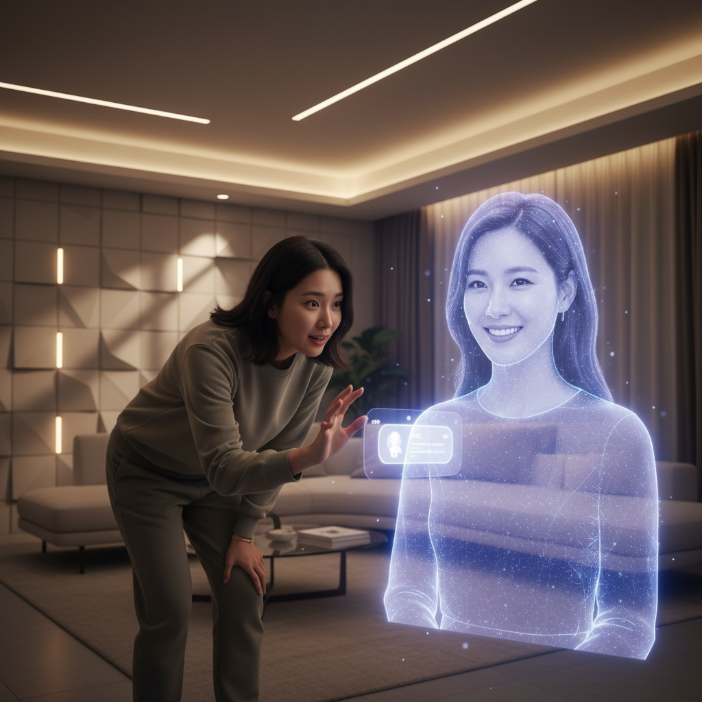A Korean person interacting with a glowing, holographic AI chatbot projection, which resembles a famous celebrity. The person has a curious and engaged expression. The background is a futuristic living room with soft, ambient lighting and a textured wall. Style: lifestyle photography, natural setting, warm lighting. No text, centered focus.