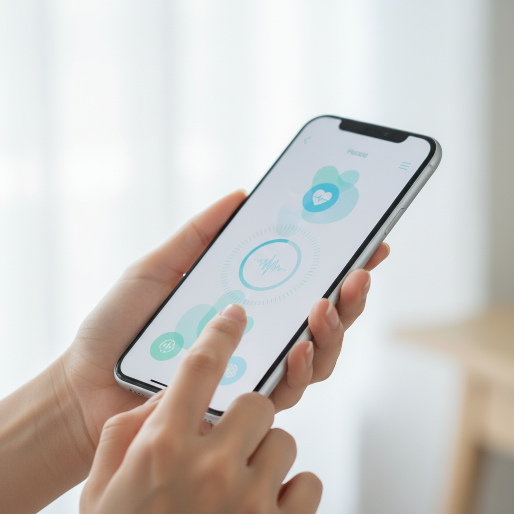 A close-up of a Korean woman's hand holding a smartphone, displaying an AI health advice app, bright and clean visual, modern interface, no text, soft focus background