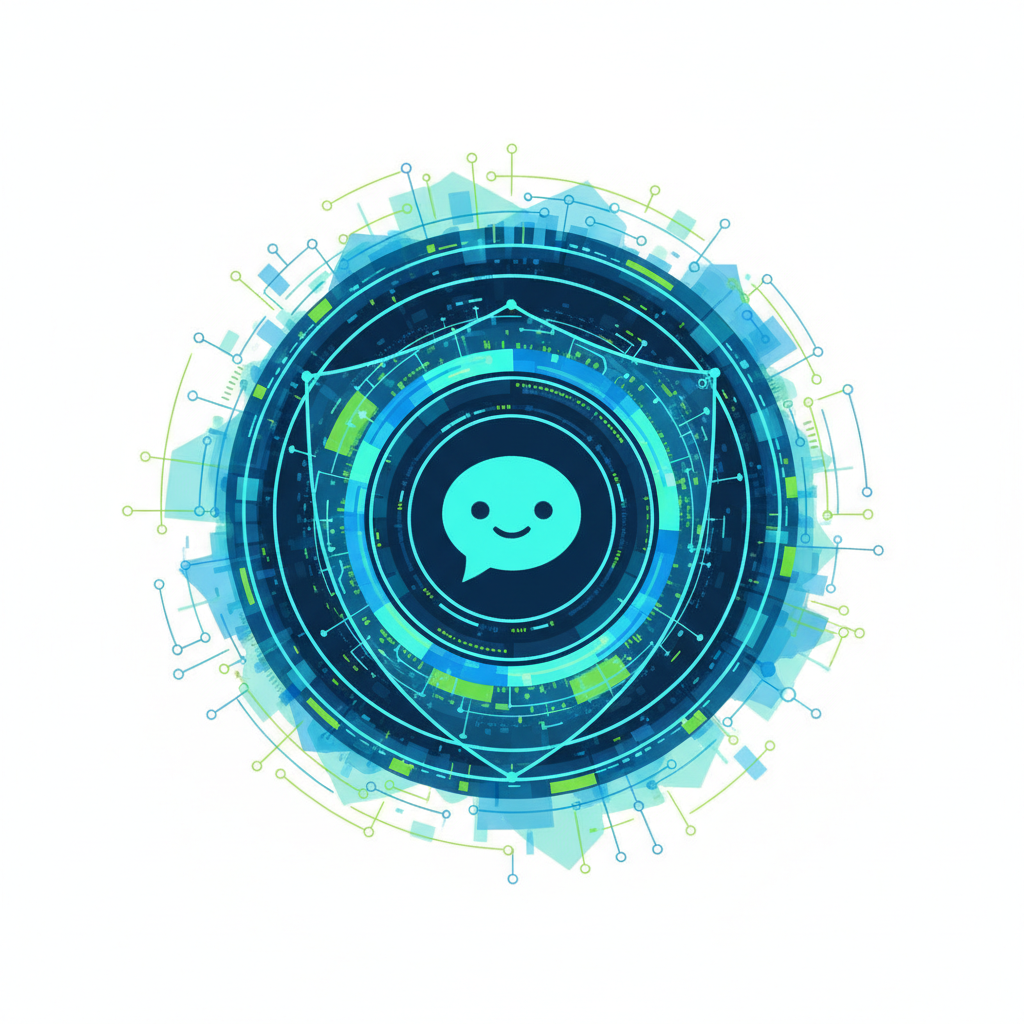 An abstract infographic showing layers of digital protection surrounding a chatbot icon, symbolizing safety and new guidelines, clean modern layout, high contrast, blue and green color palette, 4:3 aspect ratio, no text