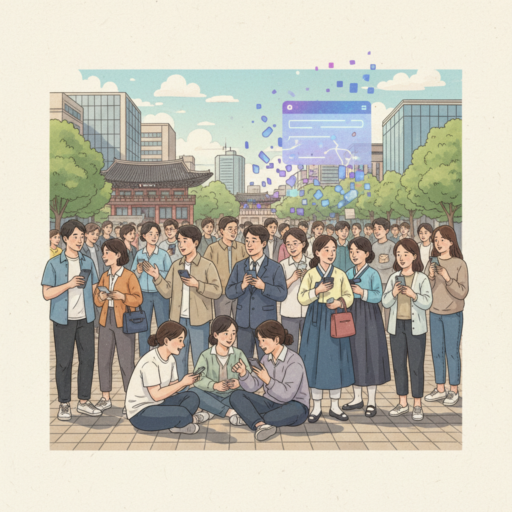 Illustration, artistic rendering, textured background. A diverse group of Korean people in a public square, some engaged in conversation, others looking at their phones, representing various opinions and distractions. A transparent overlay of a chatbot interface subtly fading into the background, showing its limited real-world impact. Warm, natural lighting. Centered focus, visually rich, no empty margins. No visible text.