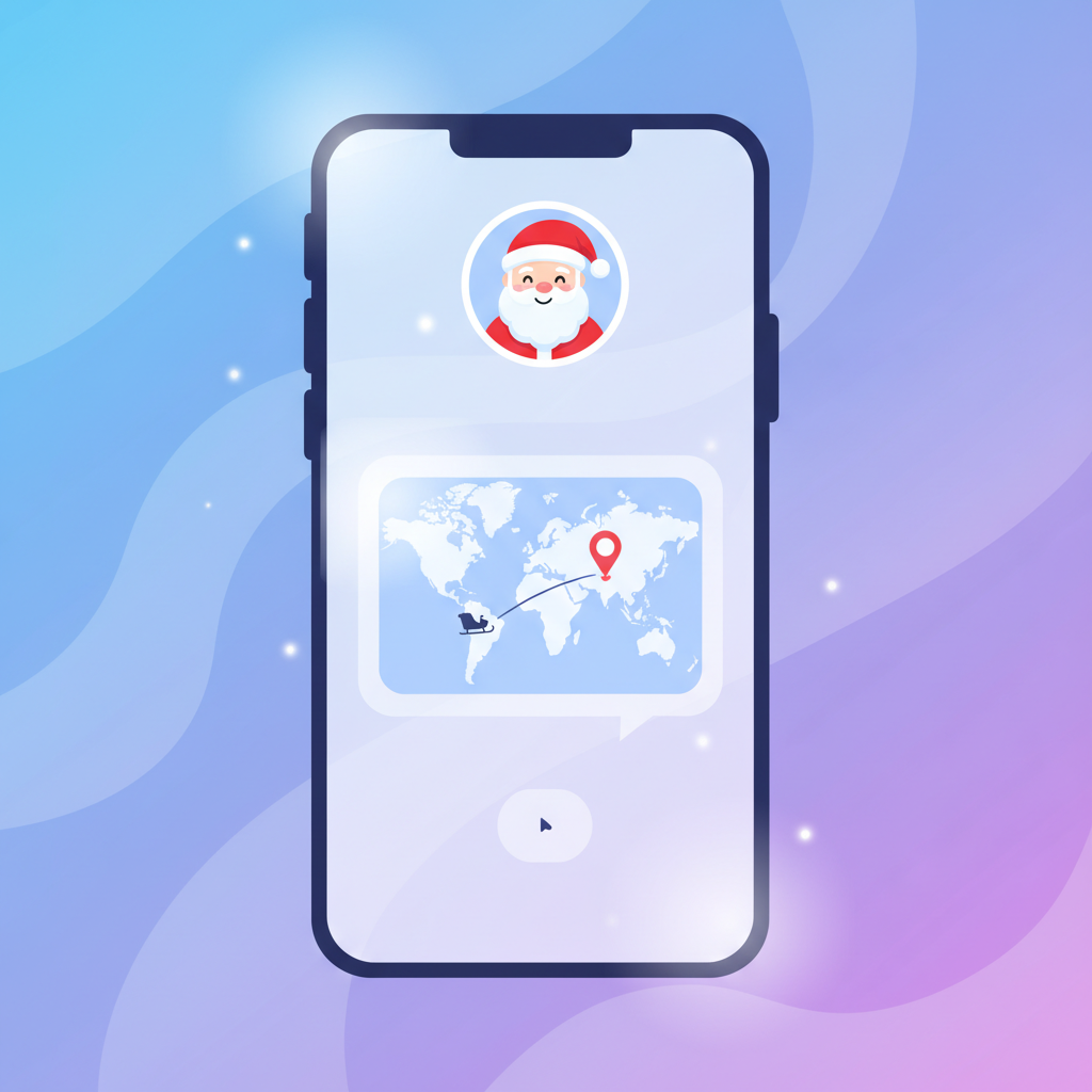 A modern illustration of a smartphone screen displaying a conversational AI interface, a cartoon Santa character icon, and a chat bubble showing Santa's real-time location, clean design, gradient background, no text.