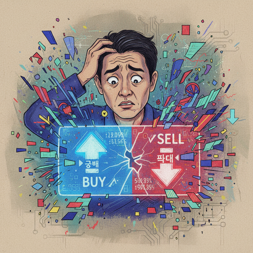 Illustration of a confused Korean person looking at a screen displaying conflicting information, surrounded by abstract, chaotic digital elements representing misinformation, artistic rendering, textured background, no text