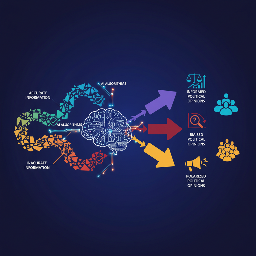 A complex infographic representing AI influencing political opinions with both accurate and inaccurate information, clean infographic, modern layout, high contrast, colored background, no text, 4:3