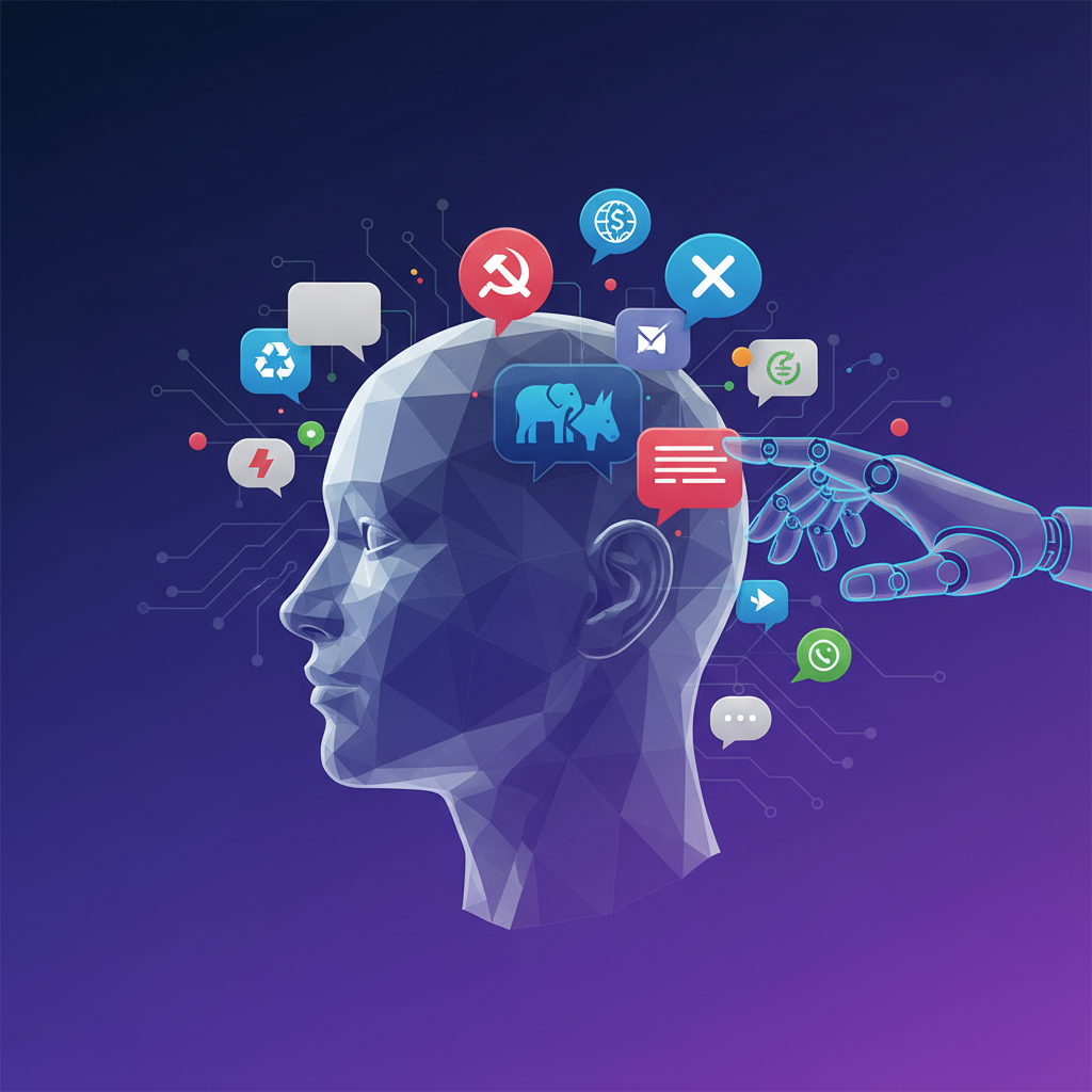 Clean infographic, modern layout, high contrast. A human head with speech bubbles around it, some showing political symbols or ideas, and a subtle robotic hand or AI interface influencing them. The background is a gradient of blue and purple, with minimal empty space. Bright, balanced lighting. No visible text. Korean appearance.